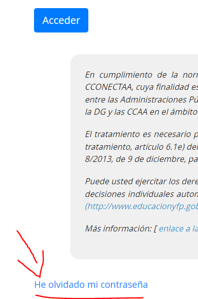 Recorte de la página de login donde se visualiza el enlace He olvidado mi contraseña