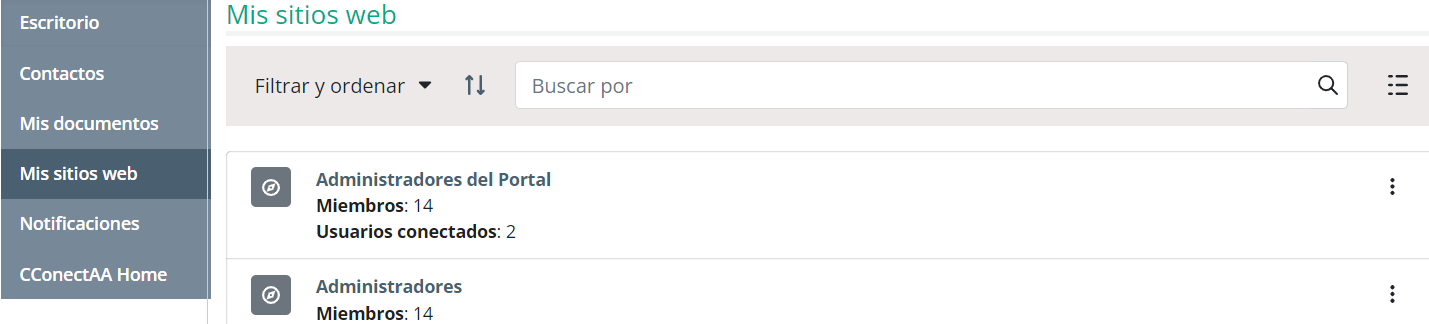 Página donde se muestra el listado de los sitios web disponibles