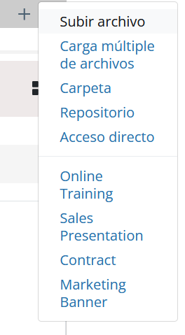 Menú de las opciones de subir archivos