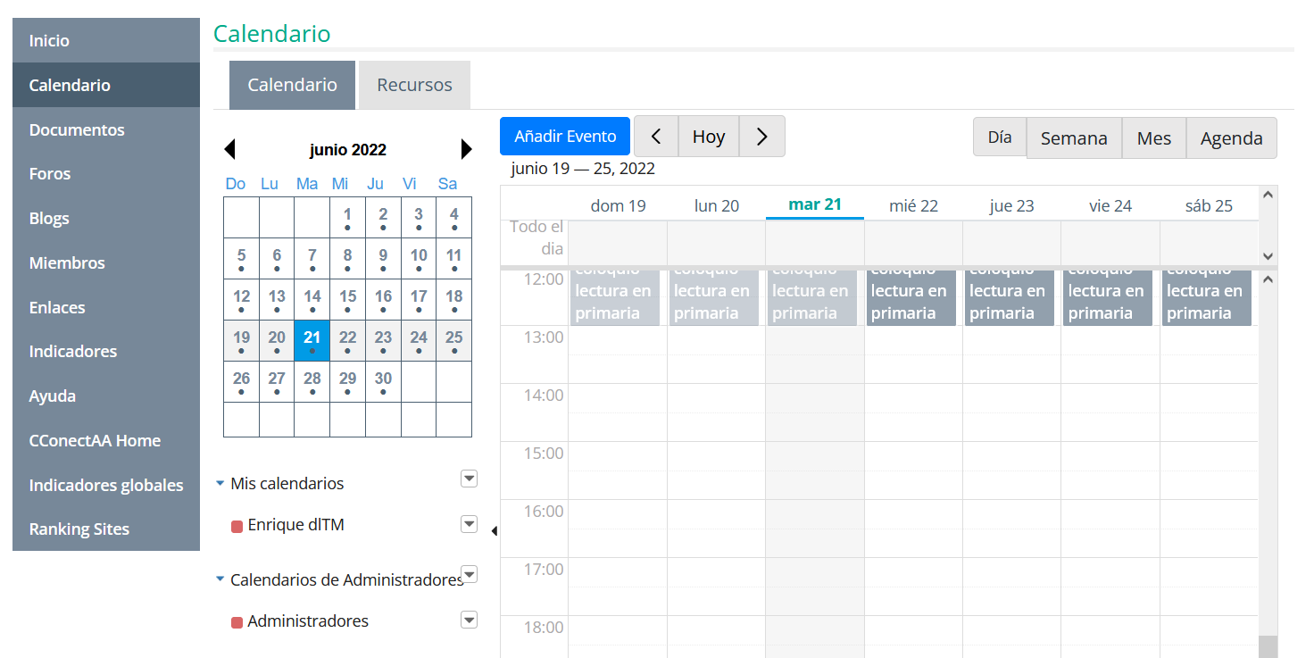 Página del calendario