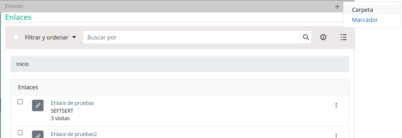 Página con el listado de los enlaces disponibles