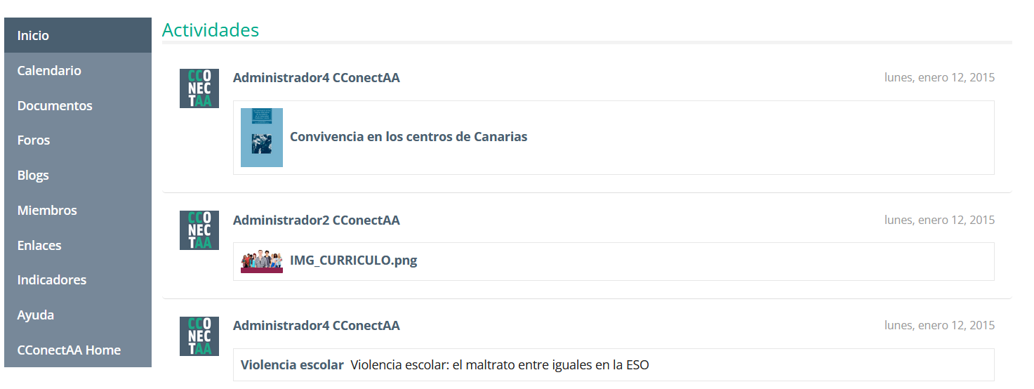 Página con las herramientas de la organización