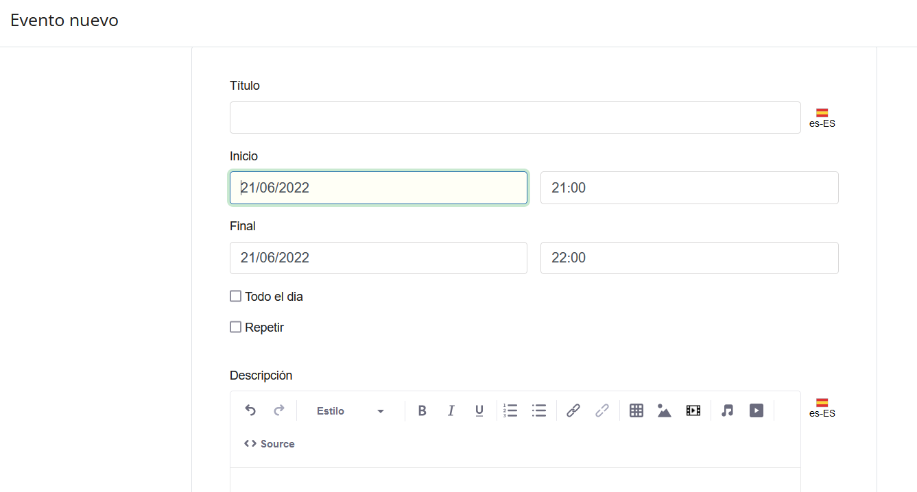 Formulario para añadir un evento nuevo