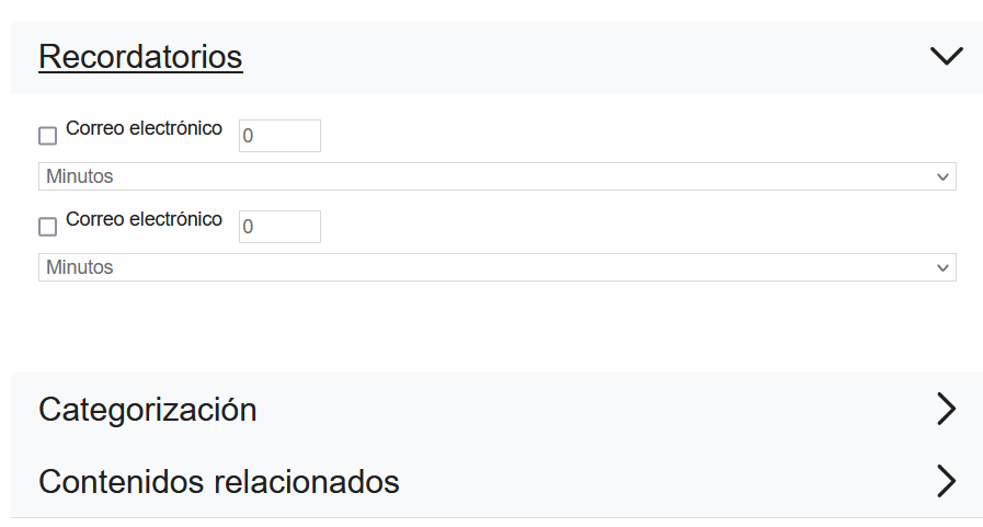 Apartado recordatorios y categorización