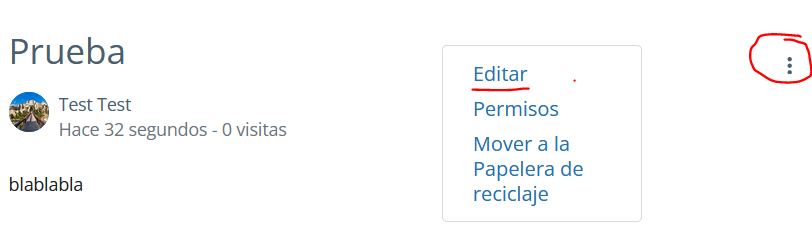 Opciones al pulsar en los tres puntos de una publicación
