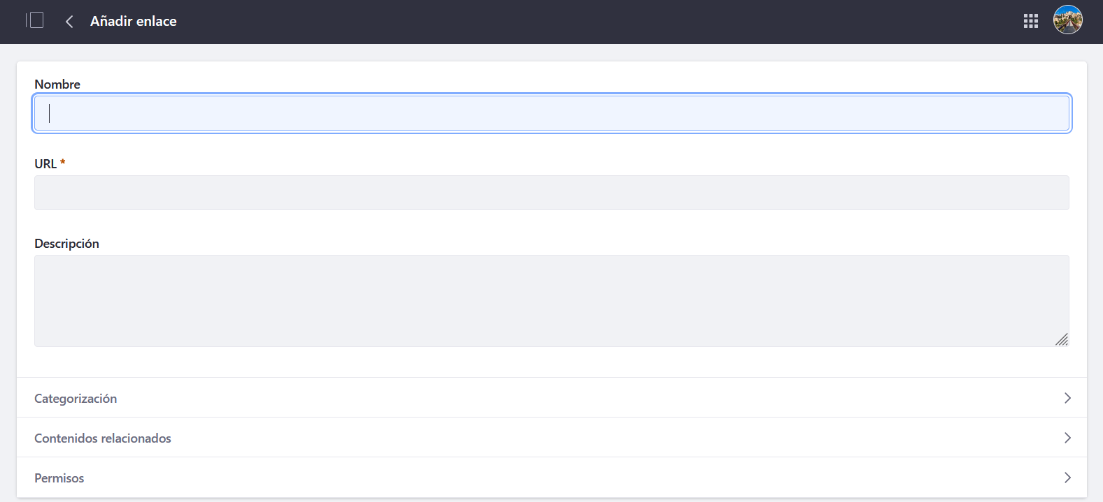 Formulario para crear un nuevo enlace de interés