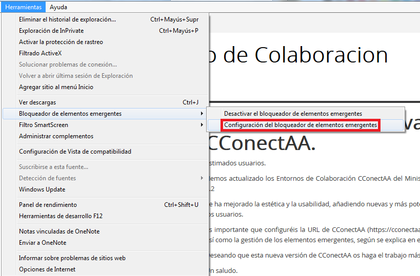 Menú Herramientas del navegador, bloqueador de elementos emergentes