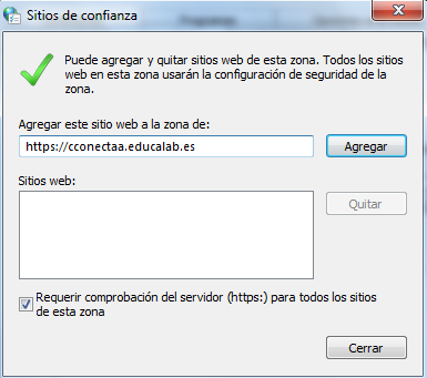 Menú sitios de confianza del navegador