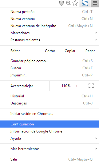 Menú del navegador Chrome