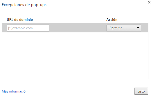 Apartado de las excepciones de pop-ups del navegador