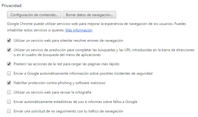 Apartado privacidad del navegador
