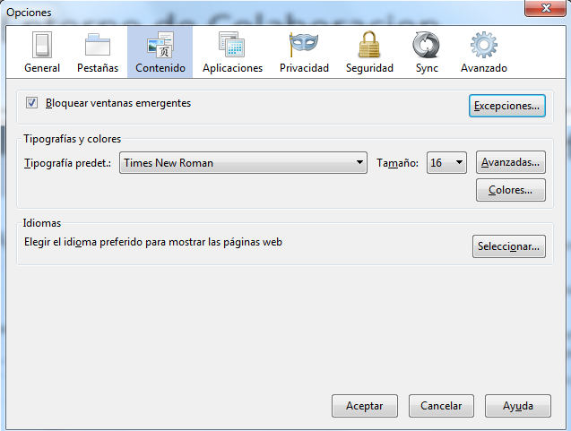 Menú opciones del navegador, pestaña contenido