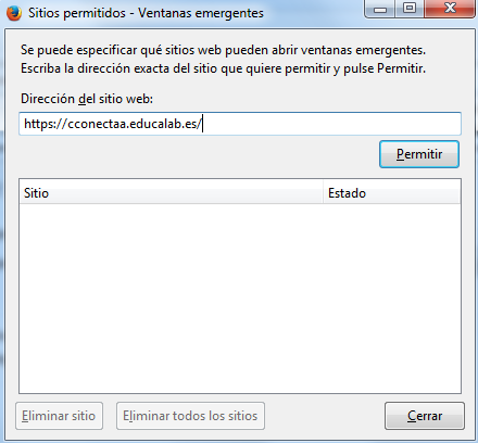 Menú de sitios permitidos del navegador