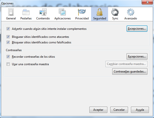 Menú de opciones del navegador Firefox