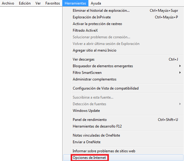 Pantallazo del menú herramientas del navegador Internet Explorer