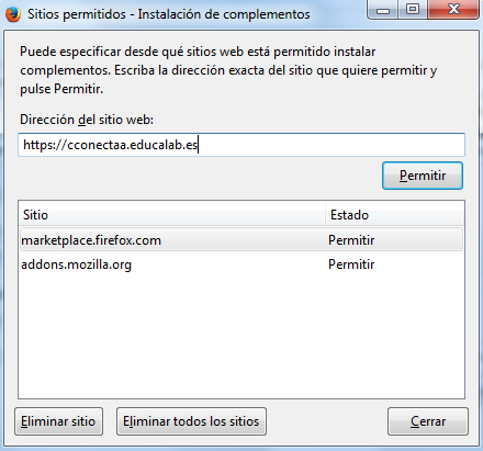Menú sitios permitidos del navegador