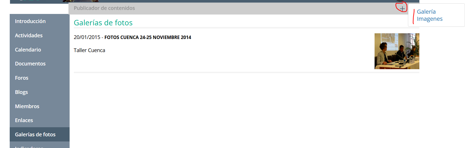 Pantallazo del botón + y la opción del menú Galería imágenes