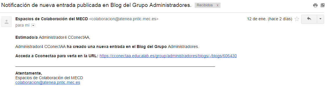 Correo de una notificación de una nueva entrada de un blog