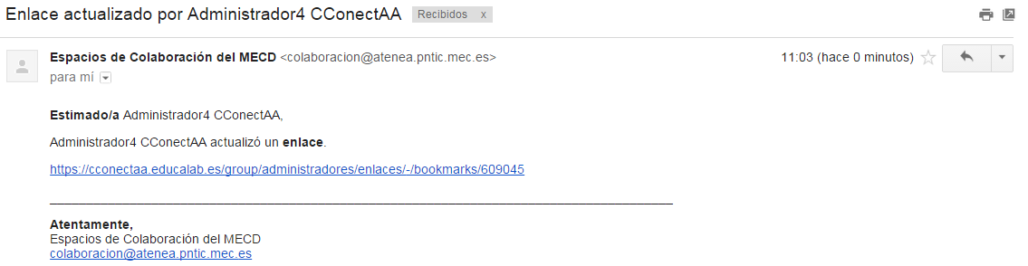 Correo de muestra de una notificación de una actualización de un enlace