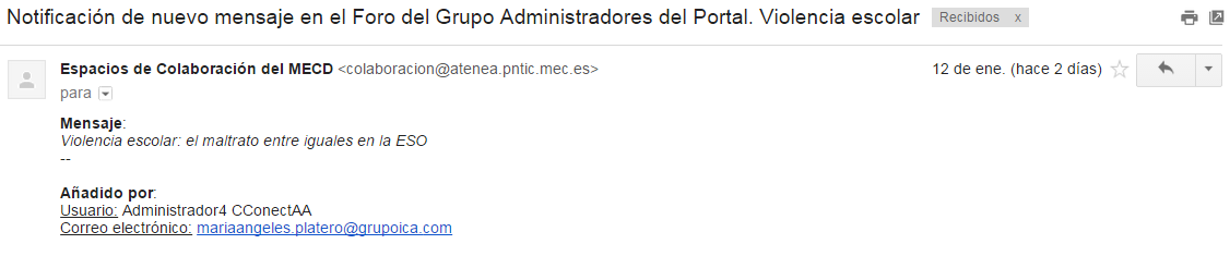 Correo de muestra de una notificación de un foro